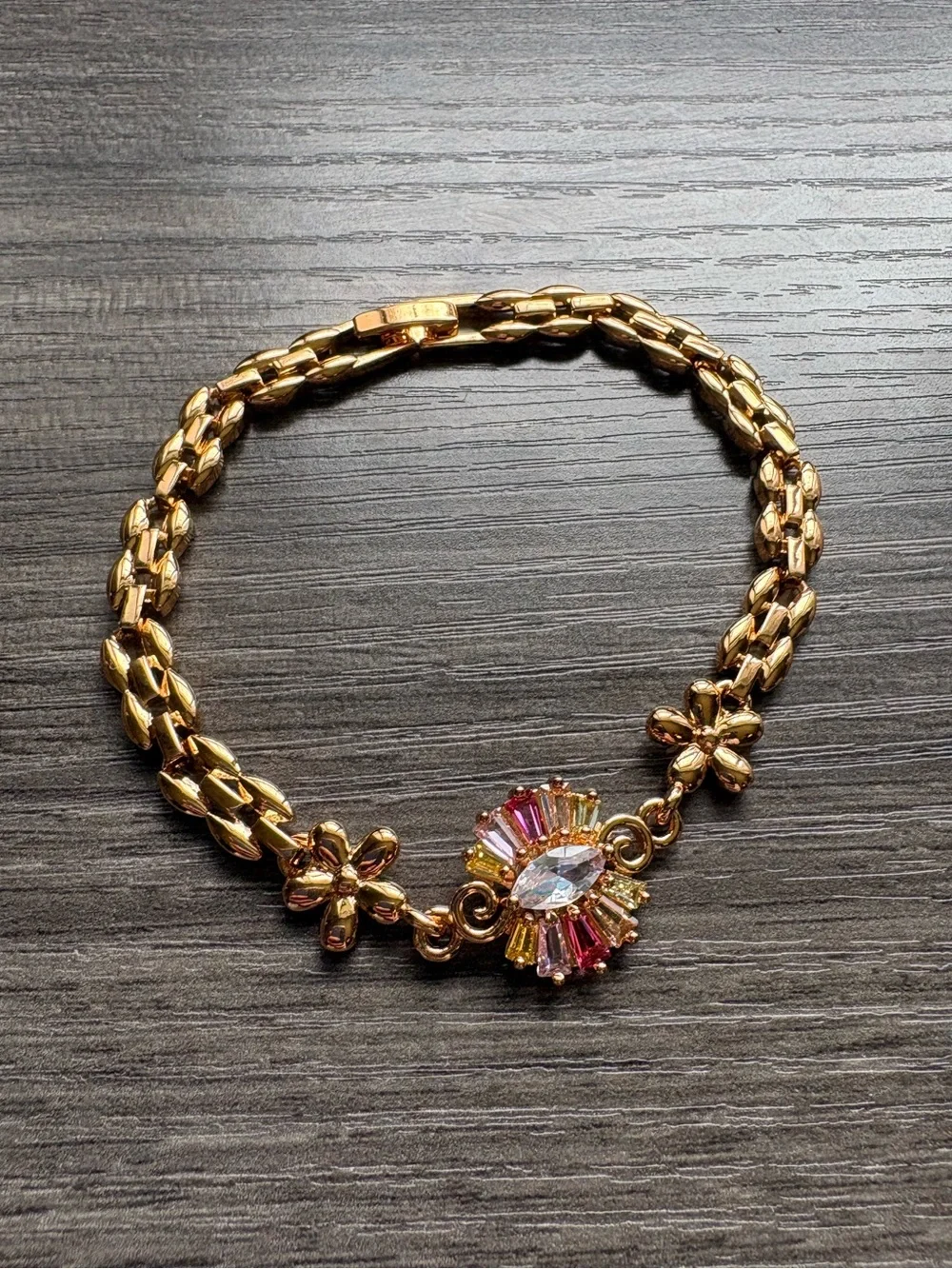 Gold Tone Floral Chain Necklace with Crystal Accent